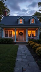 Cozy home exterior with manicured lawn and inviting porch light on at dusk,  residential,  windows