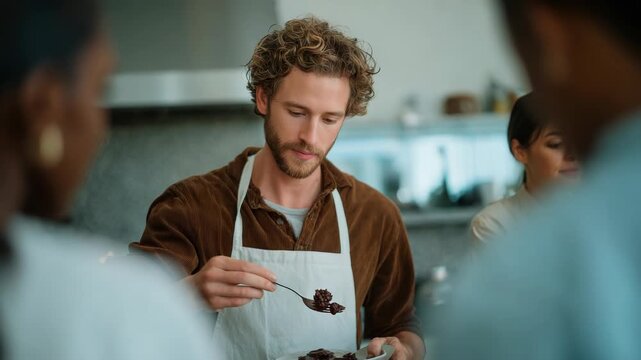 A man in apron testing the food from a plate in the kitchen