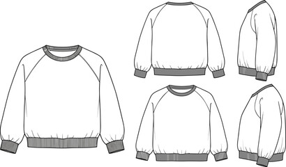 Classic raglan sleeve sweatshirt technical fashion drawing, front, back, and side views, ribbed collar, cuffs, and hem, apparel design vector template mockup © Saleha