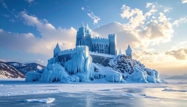 A majestic ice castle rises from a frozen lake under a clear, bright blue sky with clouds