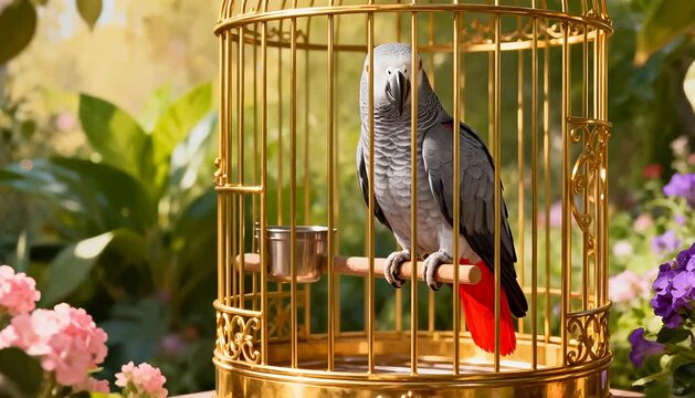 An african grey parrot perched inside a shiny golden cage in a peaceful outdoor garden setting, bird.