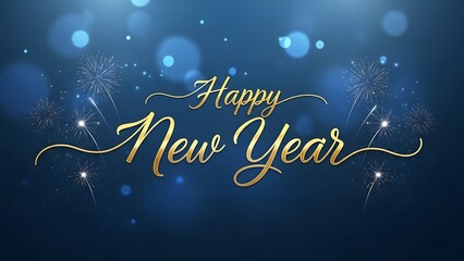Golden happy new year text with sparkling lights and bokeh effects