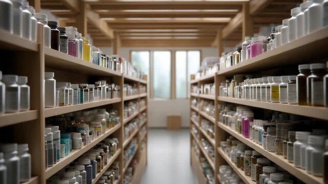 Warehouse of Medicine Bottles on Shelves Rows in Pharmaceutical Factory