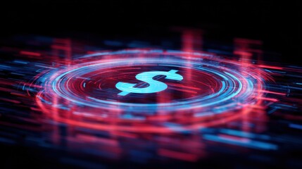 Dollar sign in digital technology background with red and blue glowing light circles. Financial technology concept for business, cryptocurrency, and digital currency.