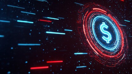 Futuristic digital dollar symbol in cyberpunk circular interface with red and blue neon lights. High tech financial technology concept.