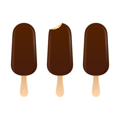 A set of chocolate-glazed ice cream bars on stick, featuring both whole bars and a bitten one revealing the creamy fill. Realistic EPS 10 vector food graphic illustration isolated on white background.