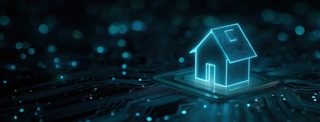 Futuristic glowing house icon on digital circuit board background with blue neon lights. Smart home technology concept with electronic circuit.