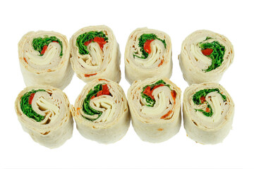 tortilla deli wrap rolls with cheese vegetable isolated on white background