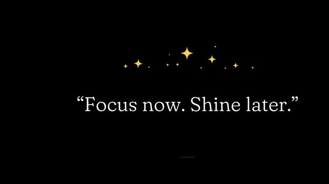 Motivational quote about dedication and future success displayed with sparkling stars on a dark background