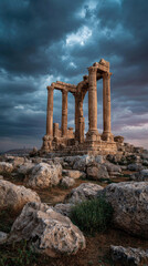 Ancient Roman ruins under a dramatic, cloudy sky