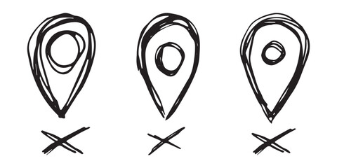 Set of hand drawn map pin Map marker pointer sign GPS and mapping tools Location pin symbol Pinpoint clipart in doodle style Single element for web, design
