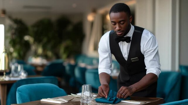 Attentive waiter setting the table at luxury restaurant, professional service