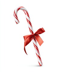 Festive Candy Cane: An iconic red and white candy cane, adorned with a vibrant red bow, embodies the sweetness and joy of the holiday season, with a clean and inviting aesthetic.