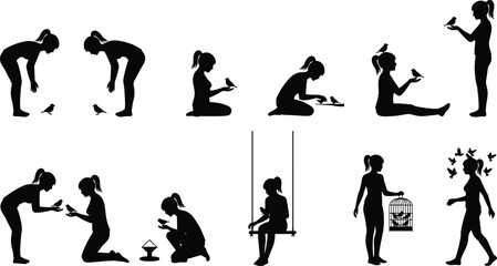 Girl and bird silhouette set, nature interaction, nurturing poses, birdcage scene, black vector art, freedom theme, wildlife illustration