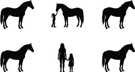Horse and human silhouette illustration set showing bond, care, companionship, rural life themes, black and white minimalist vector design