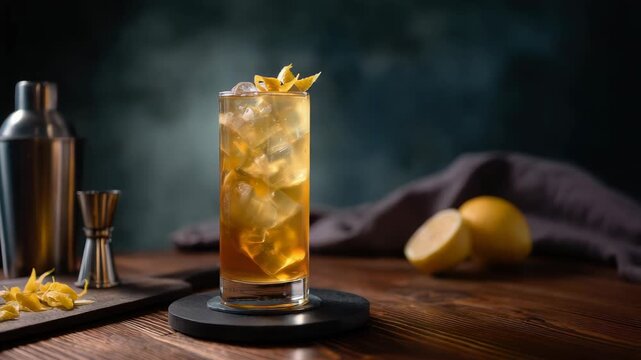 Refreshing iced cocktail drink with lemon zest on a wooden table
