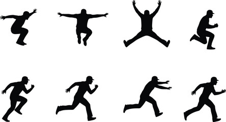 Man jumping and running silhouettes, dynamic human action poses, athletic movement, energy, freedom, fitness activity, motion sequence illustration set