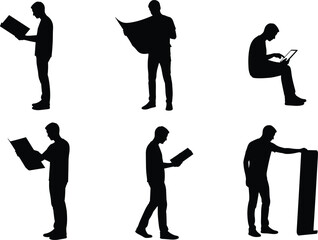 Man reading documents silhouette set, standing and sitting poses, paperwork study concept, black vector illustration isolated