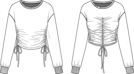 Women ruched crop top, long sleeve fashion garment, technical flat CAD drawing, apparel design vector illustration for clothing manufacturing