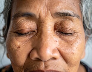 Close-up of an elderly person's face with closed eyes