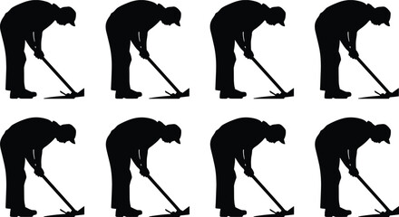 Manual labor worker digging with shovel silhouette illustration set, repetitive construction work poses, industrial effort, black and white vector art © Salman