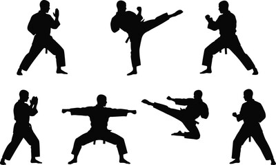 Martial artist karate fighter silhouette illustration set showing combat stances and kicks, traditional martial arts poses, black and white vector © Salman