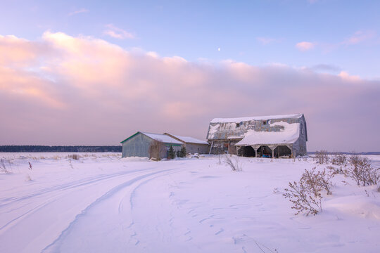 Quiet country winter farm scene at sunset 