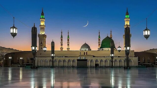 Cinematic Twilight View of Al-Masjid an-Nabawi with Green Dome and Crescent Moon