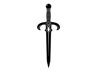 A black silhouette of a stylized medieval sword with an ornate hilt and a pointed blade on a white background.