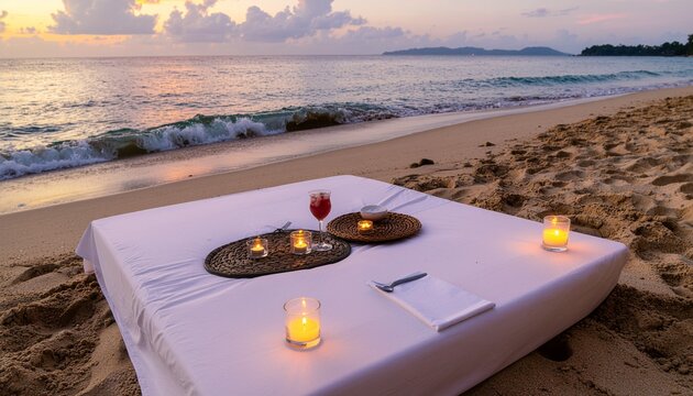 Romantic beach setup at sunset with candles, flowers, and a bed