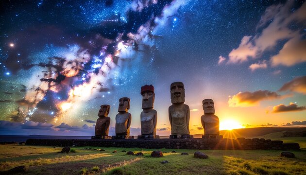 Moai statues standing under a starry sky at sunset on a lush green landscape