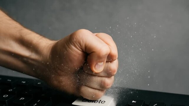 data loss prevention solutions concept. Frustrated hand striking a keyboard's delete key.