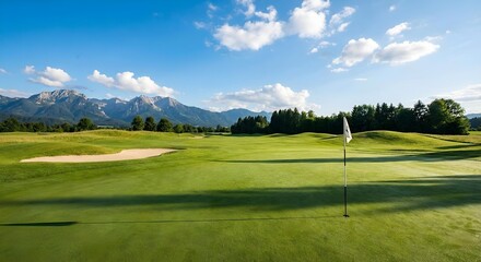 Scenic view of a golf course with a flag marker, surrounded by lush green grass and mountains under a partly cloudy sky.