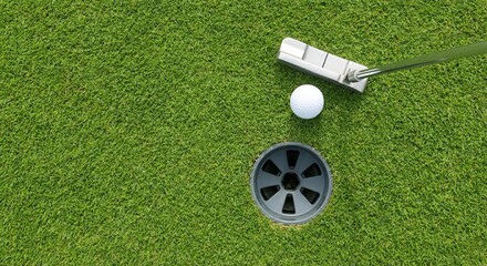 A golf putter poised over a white golf ball, about to roll it towards a black hole on a lush green putting green.