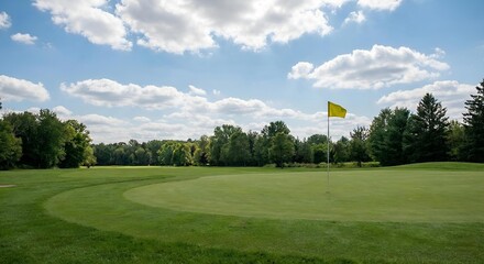 A sunny golf course scene featuring a yellow flag on the green, surrounded by lush trees and a blue sky dotted with clouds.