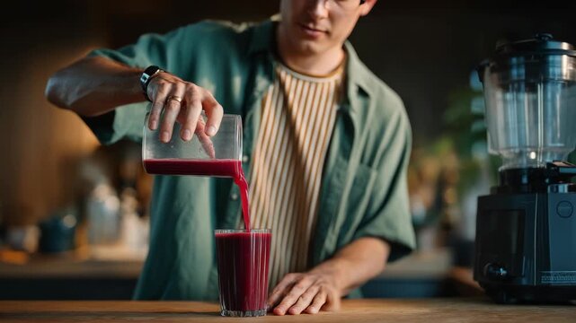 Man pouring fresh beetroot smoothie from blender into a glass at home