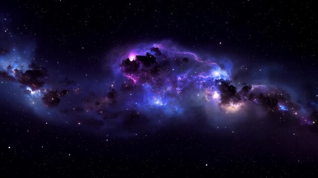 A breathtaking, wide-field digital illustration of a colorful emission nebula in deep outer space, featuring vibrant clouds of blue and magenta gas, dark dust, and bright scattered stars against a bla