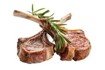 Two juicy lamb chops are crossed on a white background and garnished with a sprig of fresh rosemary. 