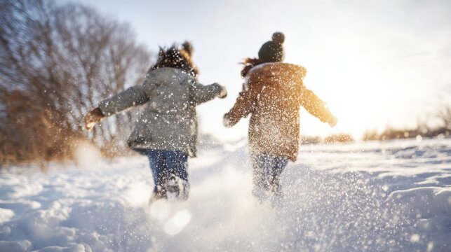 Two children running joyfully through a snowy landscape, wearing warm winter coats and hats, creating a playful atmosphere in a winter wonderland scene with sunlight