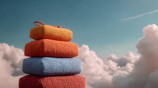 Colorful luggage tower against cloudy sky with airplane flight