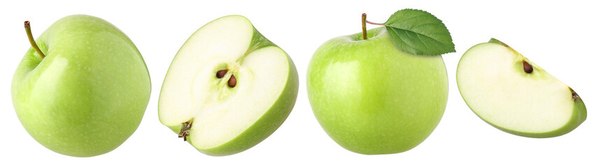 green apple with leaves (granny smith apple), half and slice isolated, transparent PNG, PNG format, cut out, Close-up image
