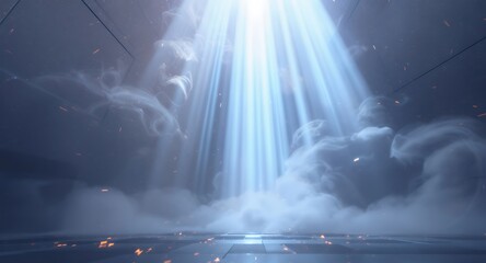Dramatic light beam breaking through clouds in dark room