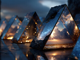 a surreal, foggy scene with several mirrored, triangular structures reflecting the surrounding environment, including trees and lights. The ground is wet