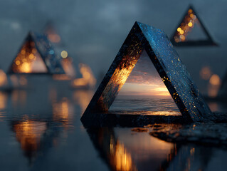 a surreal, foggy scene with several mirrored, triangular structures reflecting the surrounding environment, including trees and lights. The ground is wet