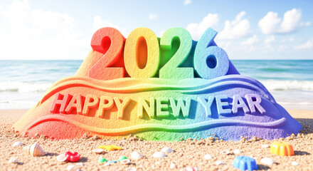 Colorful 'happy new year 2026' sand sculpture on a tropical beach with ocean view. isolated on white background, Vector