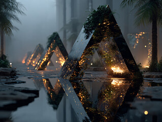 a surreal, foggy scene with several mirrored, triangular structures reflecting the surrounding environment, including trees and lights. The ground is wet