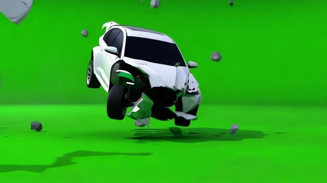 A dynamic video sequence of a white modern sedan driving with motion blur followed by the vehicle violently exploding, shattering, and lifting off the ground with debris flying against a bright green 