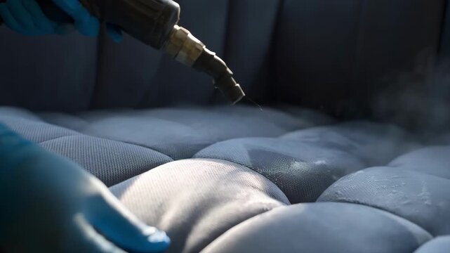 Medium shot of a technician using steam cleaning equipment on upholstery to kill dust mites and improve indoor air quality in a hypoallergenic treatment.