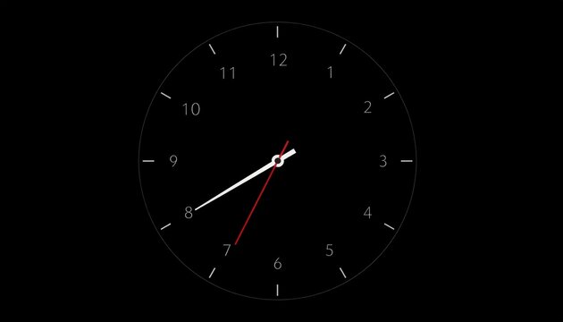 A clock face shows the time with hour and minute hands on a black background
