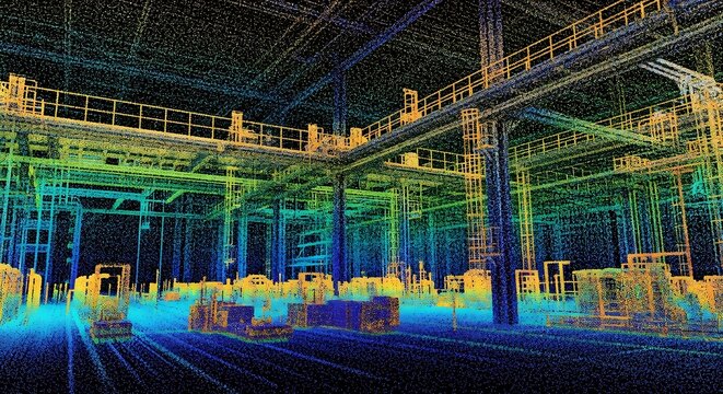 A point cloud representation of a large industrial interior, showcasing the complexity of the structure with a vibrant color palette and intricate detail